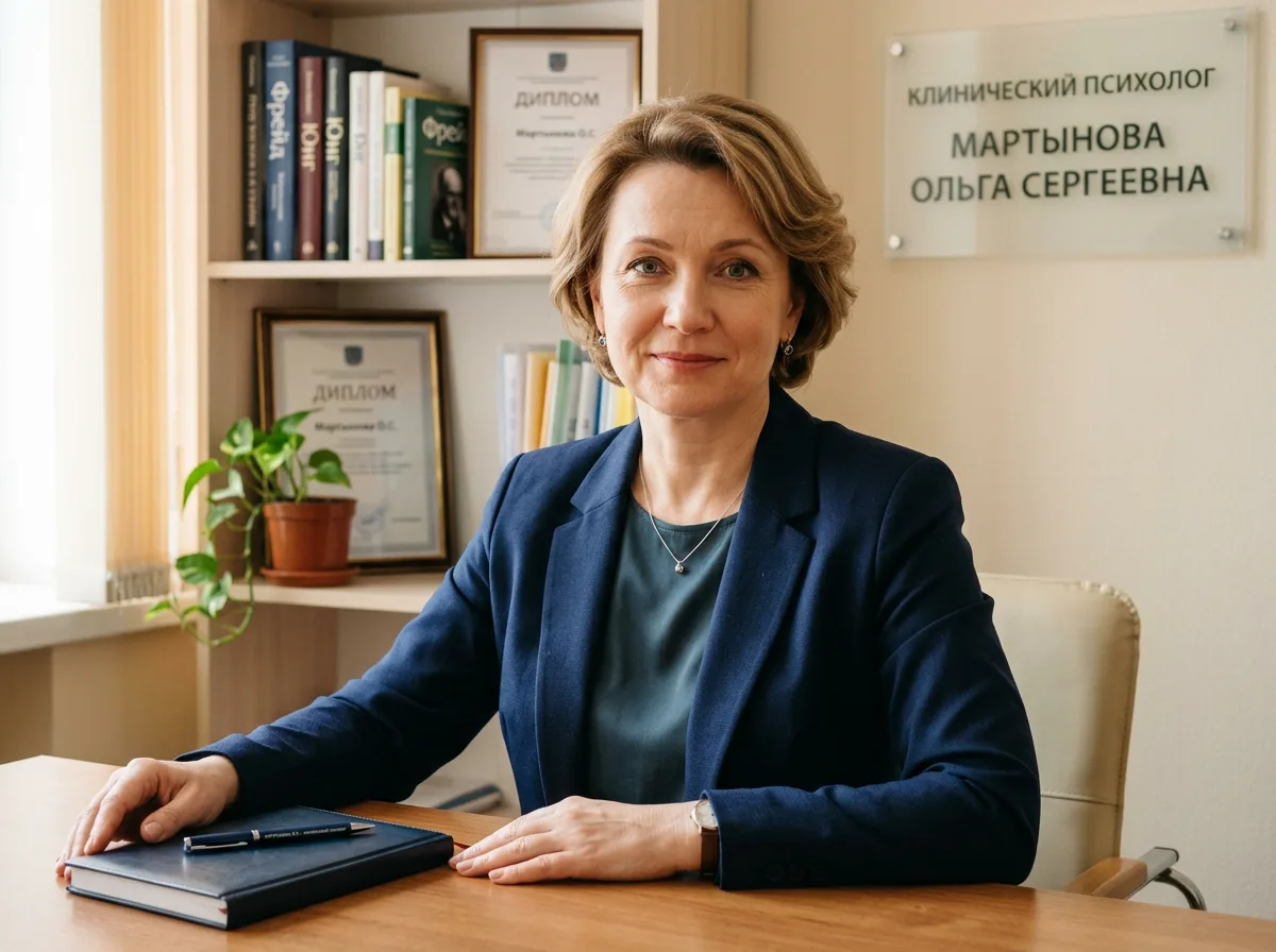 Клинический психолог Мартынова Ольга Сергеевна, женщина с внимательным взглядом, профессиональный портрет